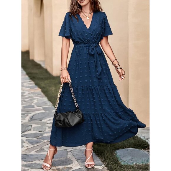 Women's Boho Swiss Dot Maxi Dresses Wrap V Neck Flutter Short Sleeve - Picture 7 of 8